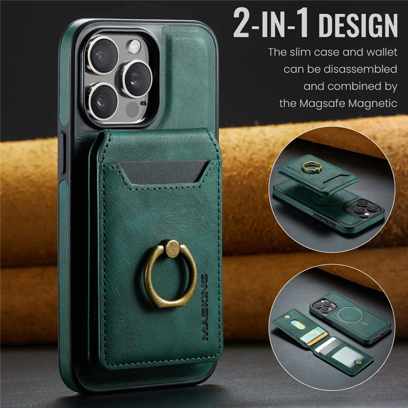MAGKING K1 Series For iPhone 14 Pro Max Magnetic Case PC+TPU+PU Phone Cover with Card Holder Kickstand - Green
