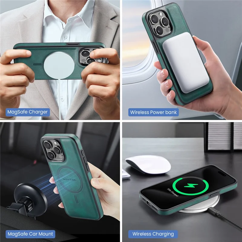 MAGKING K1 Series For iPhone 14 Pro Max Magnetic Case PC+TPU+PU Phone Cover with Card Holder Kickstand - Green