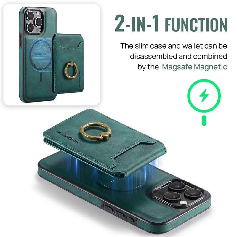 MAGKING K1 Series For iPhone 14 Pro Max Magnetic Case PC+TPU+PU Phone Cover with Card Holder Kickstand - Green
