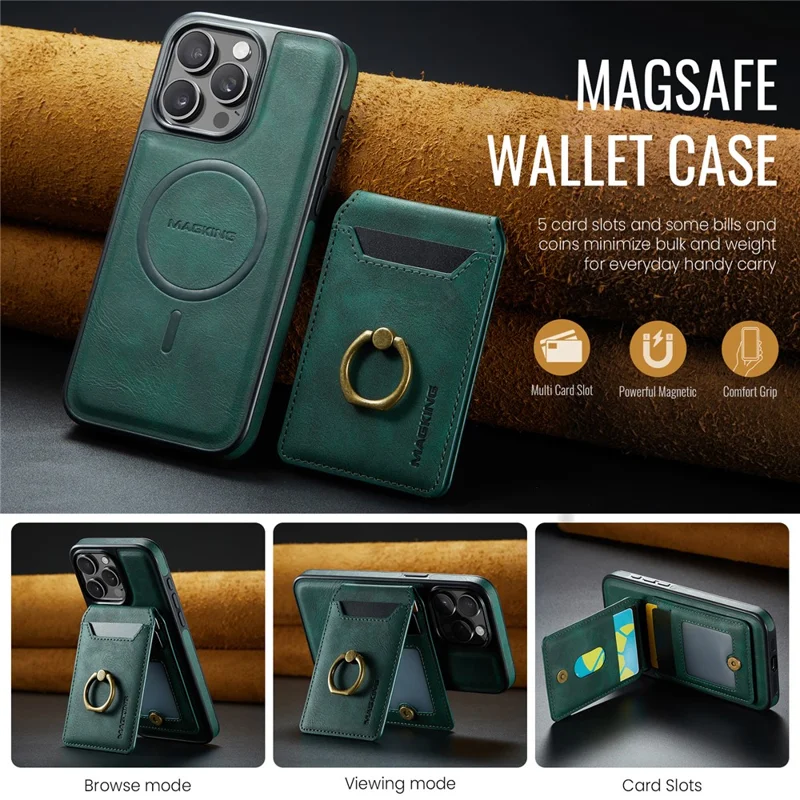 MAGKING K1 Series For iPhone 14 Pro Max Magnetic Case PC+TPU+PU Phone Cover with Card Holder Kickstand - Green