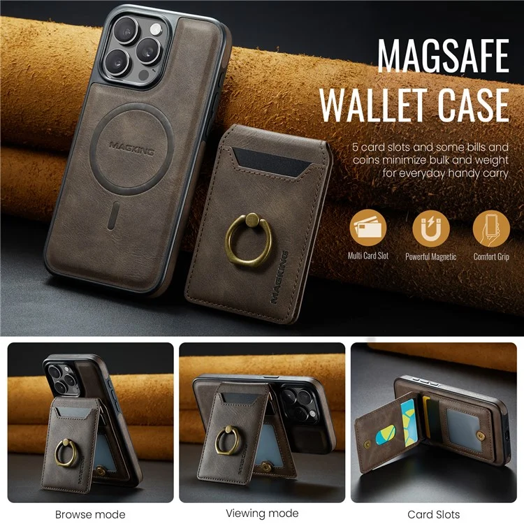 Serie Magking K1 Para Iphone 13 Pro Max Magnetic Case PC+TPU+PU Pulo Cubierta Con Partir Del Partir Del Tarjetor - Café