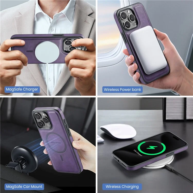 Maging K1 Серия Для Iphone 12 / 12 Pro Magnetic Case PC+TPU+PU Телефонная Крышка с Держателем Карты Kickstand - Фиолетовый