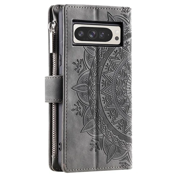 Style 006 For Google Pixel 9 Pro XL Wallet Case PU Leather Phone Cover Mandala Flower Pattern - Grey