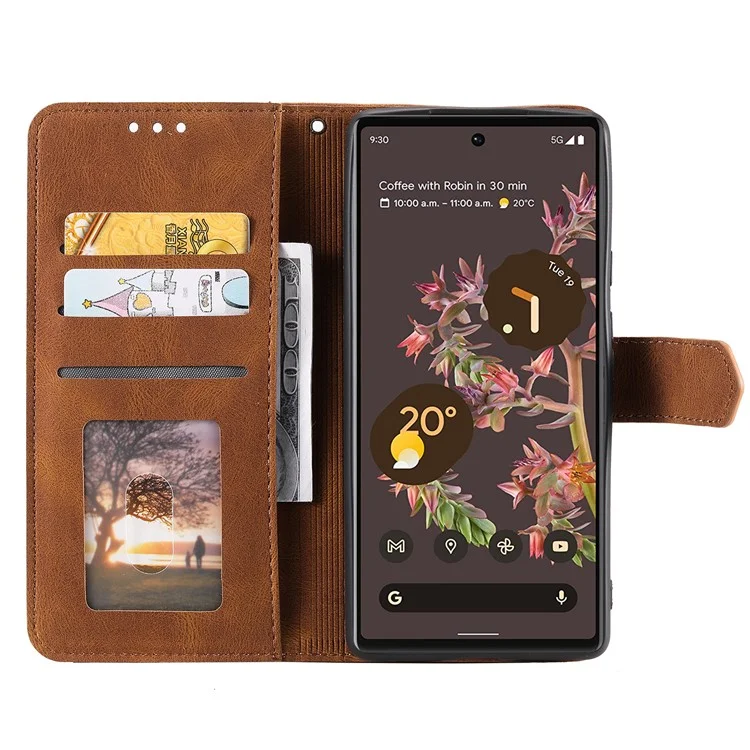 Para Google Pixel 9 / 9 Pro Casa de Cuero de Cuero Cantching Stiting Stand Telete Teléfono Con Correa - Marrón
