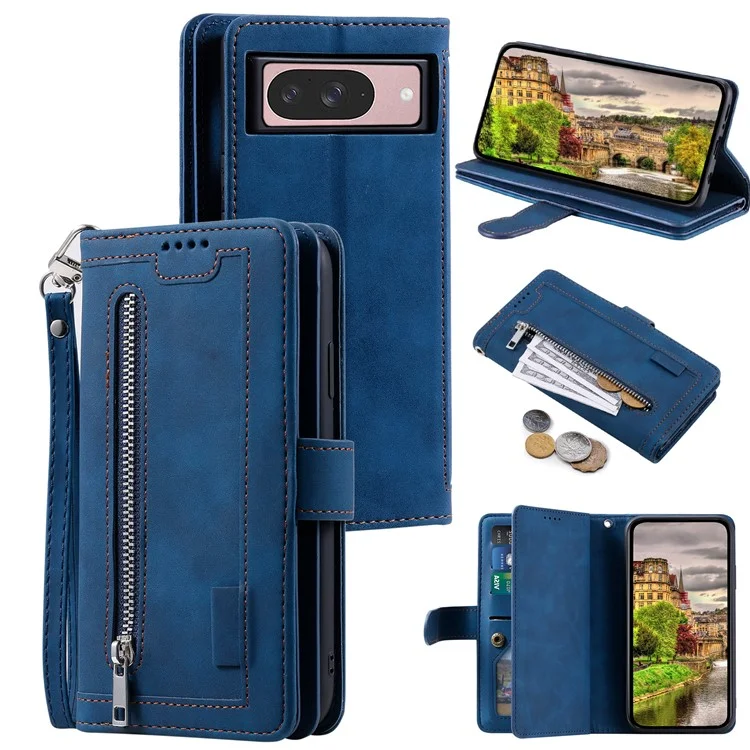Для Google Pixel 9 / 9 Pro Case PU Кожаная Телефонная Крышка с Кошельком на Молнии 9 Слотов Карт - Синий