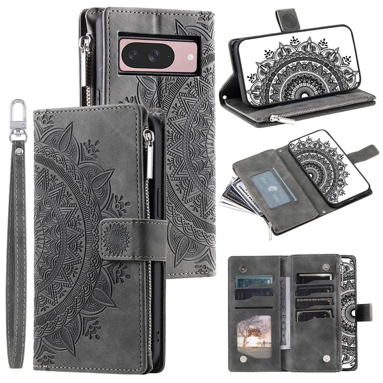 Estilo 006 Para Google Pixel 9 / 9 Pro Wallet Case PU Película de Cuero Patrón de Flores de Mandala - Gris