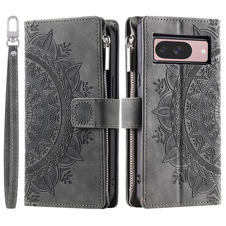 Estilo 006 Para Google Pixel 9 / 9 Pro Wallet Case PU Película de Cuero Patrón de Flores de Mandala - Gris
