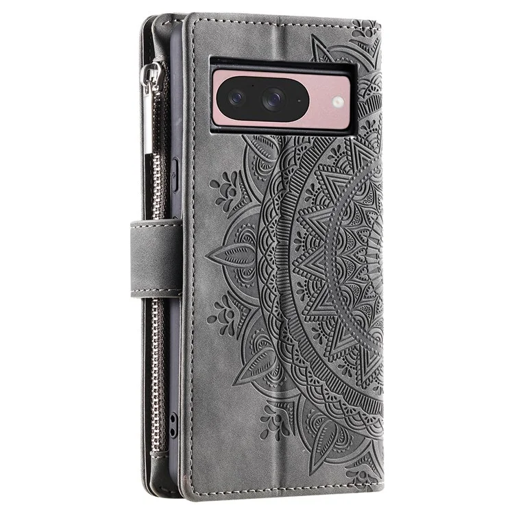 Estilo 006 Para Google Pixel 9 / 9 Pro Wallet Case PU Película de Cuero Patrón de Flores de Mandala - Gris