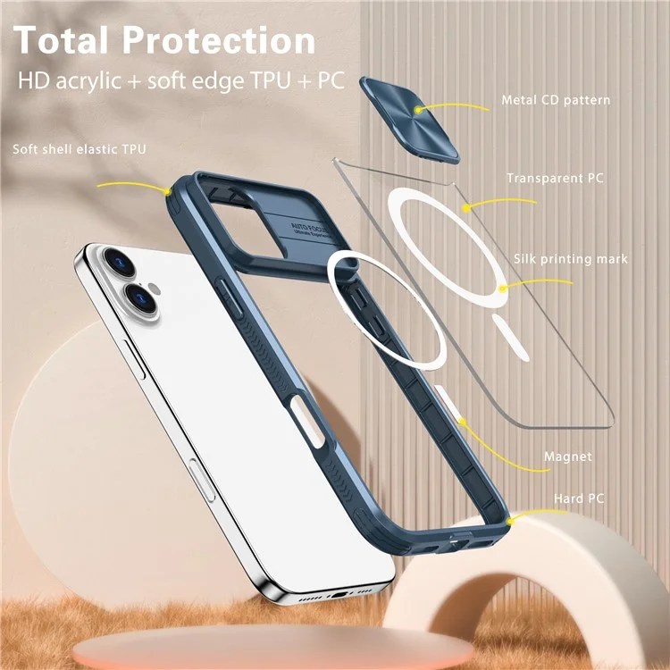 Für iPhone 16 Plus Klares Handyhülle Kompatibel mit MagSafe PC-Abdeckung mit Kameralinsenregler - Navy Blau