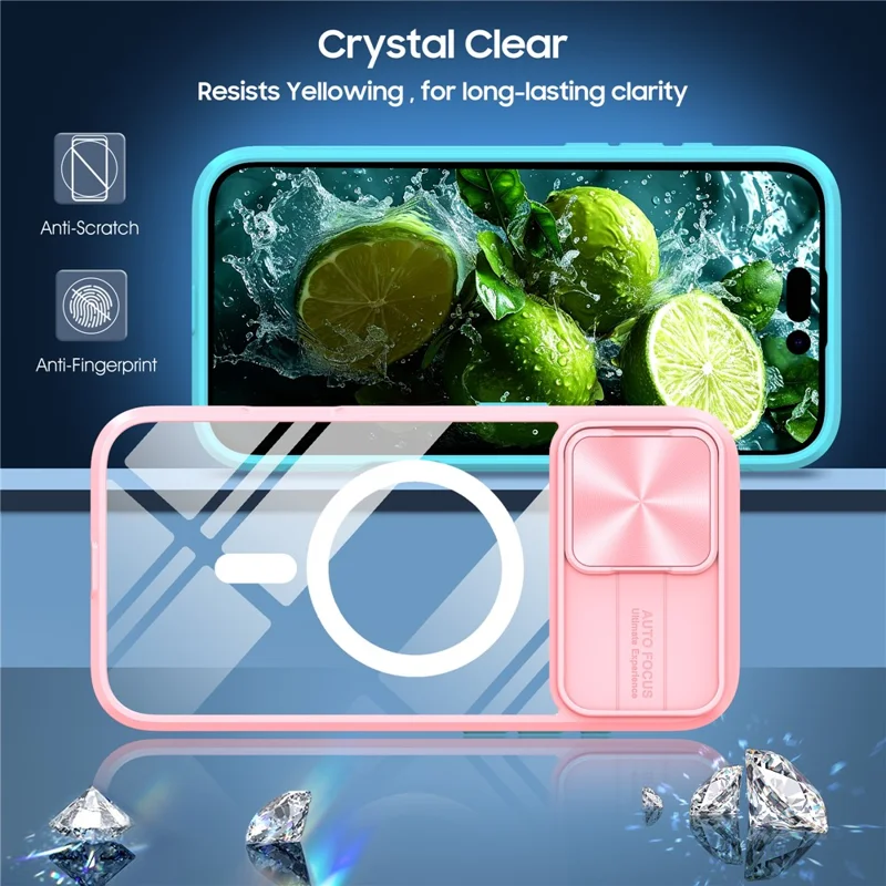 For iPhone 16 Plus Clear Phone Case Compatible with MagSafe PC Cover with Camera Lens Slider - Pink  /  Cyan