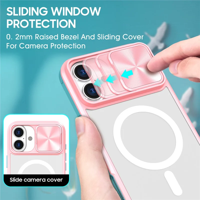 For iPhone 16 Plus Clear Phone Case Compatible with MagSafe PC Cover with Camera Lens Slider - Pink  /  Cyan