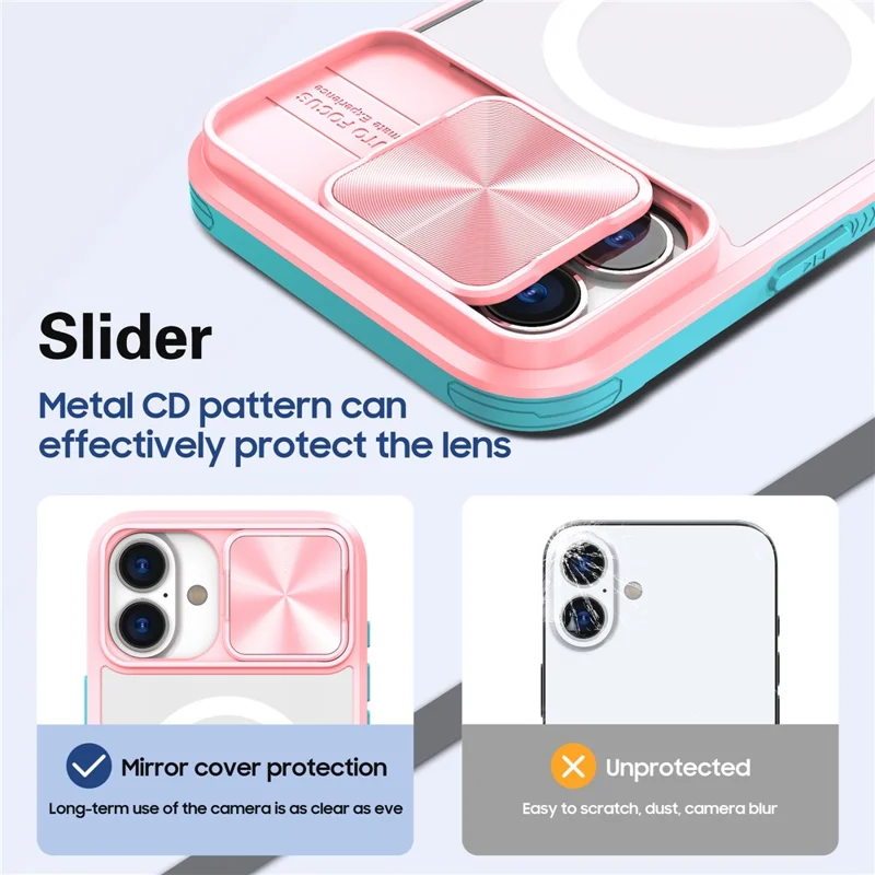 For iPhone 16 Plus Clear Phone Case Compatible with MagSafe PC Cover with Camera Lens Slider - Pink  /  Cyan