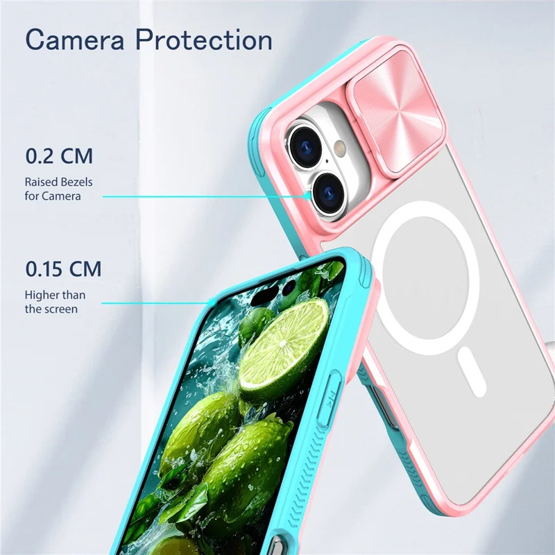 For iPhone 16 Plus Clear Phone Case Compatible with MagSafe PC Cover with Camera Lens Slider - Pink  /  Cyan