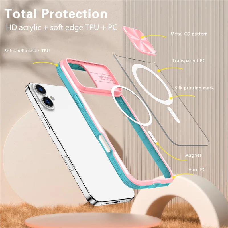 For iPhone 16 Plus Clear Phone Case Compatible with MagSafe PC Cover with Camera Lens Slider - Pink  /  Cyan