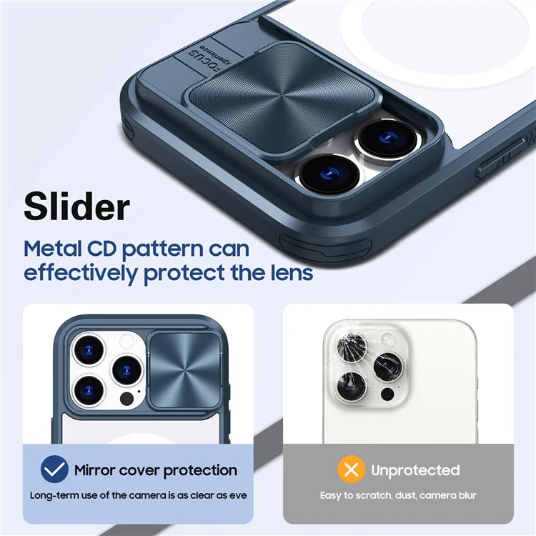 For iPhone 16 Pro Clear Phone Case Compatible with MagSafe PC Cover with Camera Lens Slider - Navy Blue