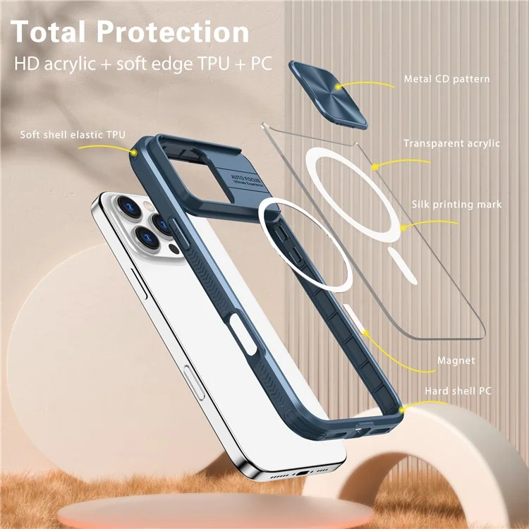 For iPhone 16 Pro Clear Phone Case Compatible with MagSafe PC Cover with Camera Lens Slider - Navy Blue