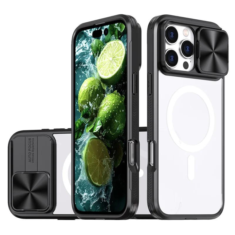For iPhone 16 Pro Max Clear Phone Case Compatible with MagSafe PC Cover with Camera Lens Slider - Black