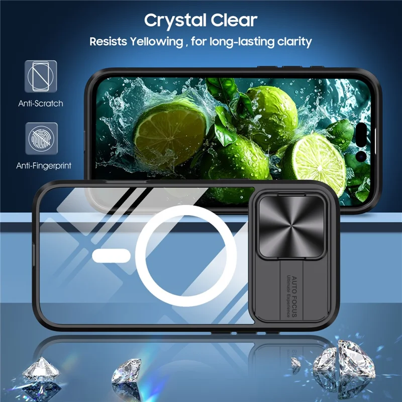 For iPhone 16 Pro Max Clear Phone Case Compatible with MagSafe PC Cover with Camera Lens Slider - Black