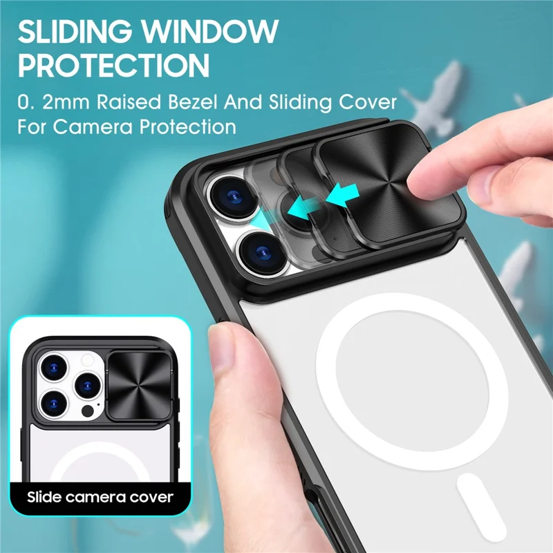 For iPhone 16 Pro Max Clear Phone Case Compatible with MagSafe PC Cover with Camera Lens Slider - Black