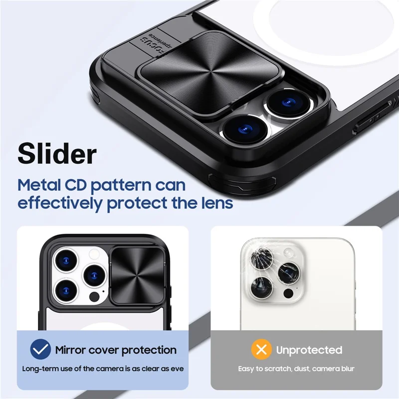 For iPhone 16 Pro Max Clear Phone Case Compatible with MagSafe PC Cover with Camera Lens Slider - Black