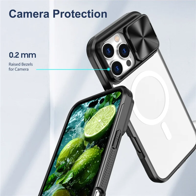 For iPhone 16 Pro Max Clear Phone Case Compatible with MagSafe PC Cover with Camera Lens Slider - Black