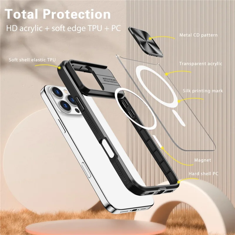 For iPhone 16 Pro Max Clear Phone Case Compatible with MagSafe PC Cover with Camera Lens Slider - Black