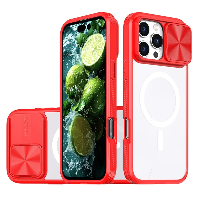 For iPhone 16 Pro Max Clear Phone Case Compatible with MagSafe PC Cover with Camera Lens Slider - Red