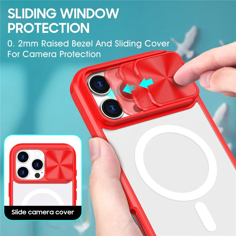 For iPhone 16 Pro Max Clear Phone Case Compatible with MagSafe PC Cover with Camera Lens Slider - Red
