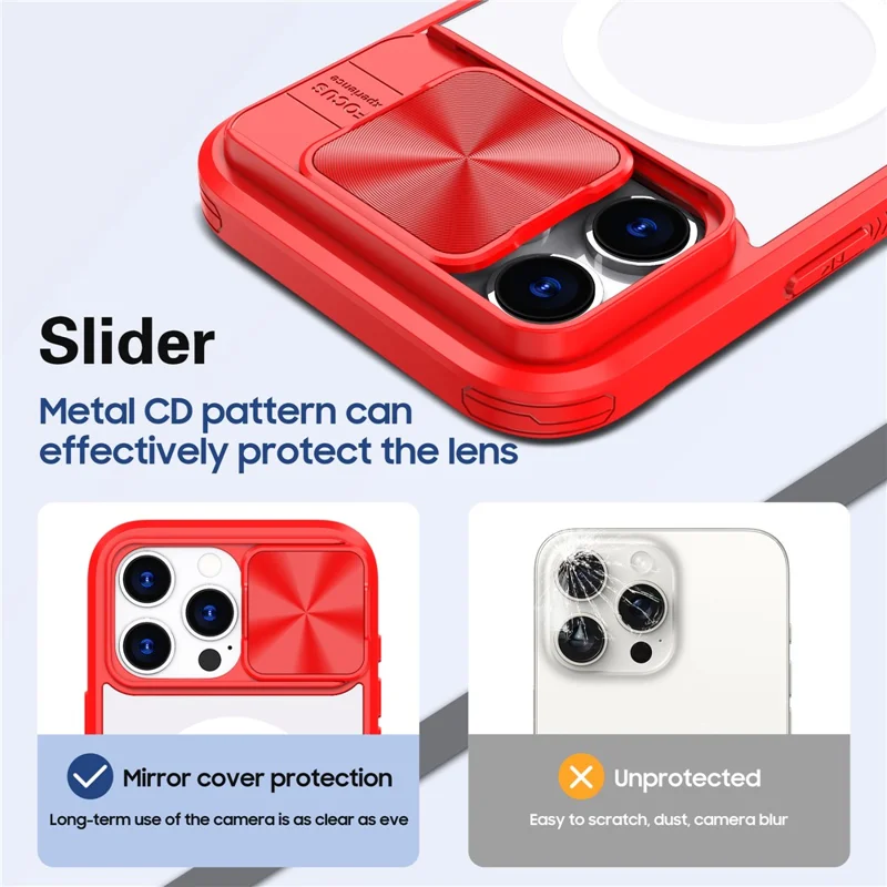 For iPhone 16 Pro Max Clear Phone Case Compatible with MagSafe PC Cover with Camera Lens Slider - Red
