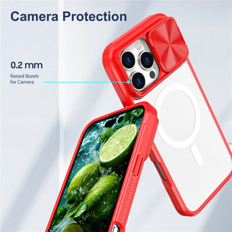 For iPhone 16 Pro Max Clear Phone Case Compatible with MagSafe PC Cover with Camera Lens Slider - Red
