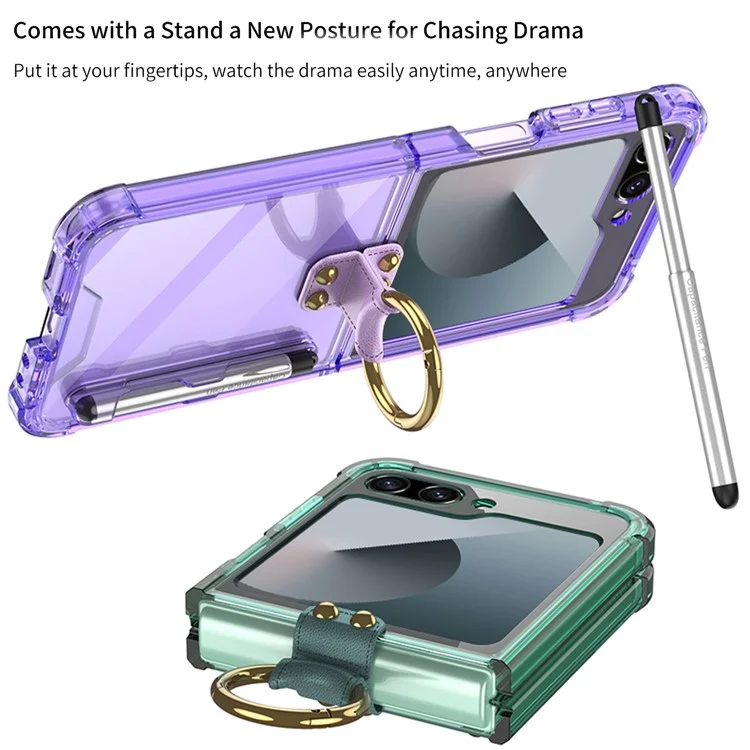 GKK For Samsung Galaxy Z Flip6 5G Case Shockproof Phone Cover Ring Kickstand with Stylus - Transparent Green