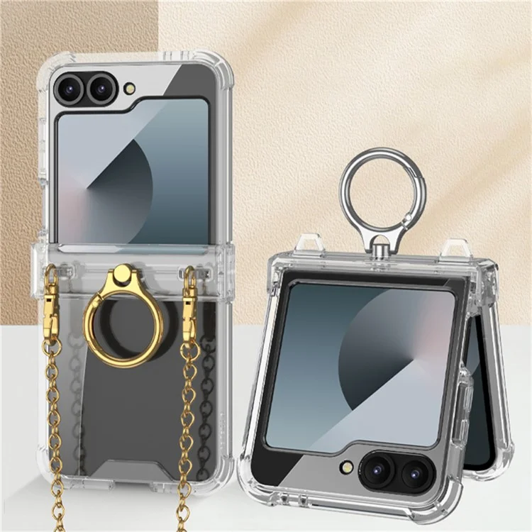 GKK For Samsung Galaxy Z Flip7 FE 5G / Z Flip6 5G Clear Case Airbag Hinge Protector Kickstand PC Phone Cover with Strap - Silver