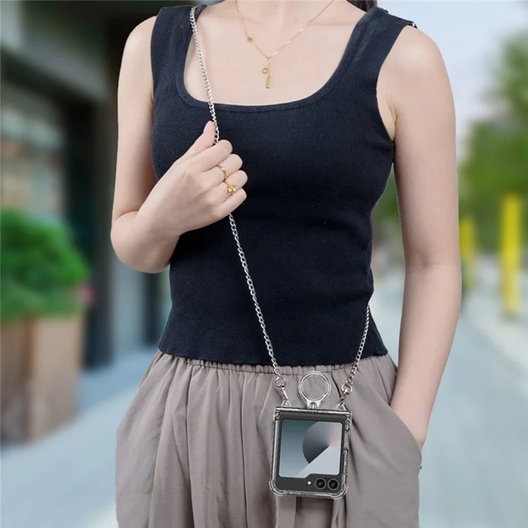 GKK For Samsung Galaxy Z Flip7 FE 5G / Z Flip6 5G Clear Case Airbag Hinge Protector Kickstand PC Phone Cover with Strap - Silver