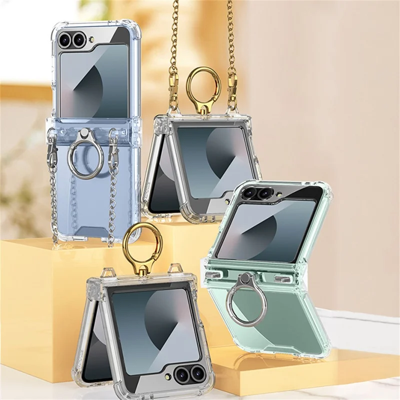 GKK For Samsung Galaxy Z Flip7 FE 5G / Z Flip6 5G Clear Case Airbag Hinge Protector Kickstand PC Phone Cover with Strap - Silver