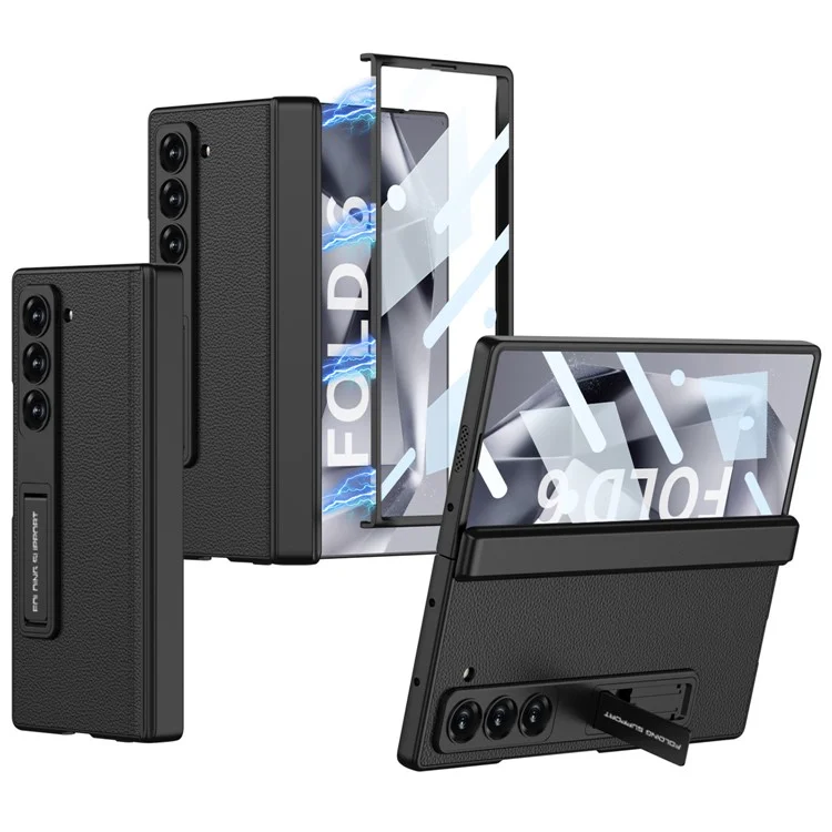 GKK For Samsung Galaxy Z Fold6 5G Case Kickstand PC+PU Phone Cover with Screen Film - Black