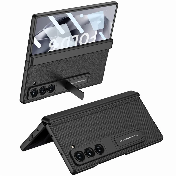 GKK For Samsung Galaxy Z Fold6 5G Case Kickstand PC+PU Phone Cover with Screen Film - Black