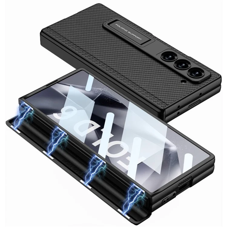 GKK For Samsung Galaxy Z Fold6 5G Case Kickstand PC+PU Phone Cover with Screen Film - Black