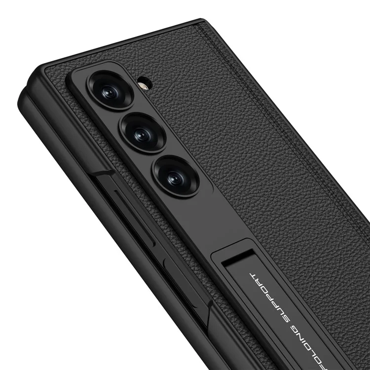 GKK For Samsung Galaxy Z Fold6 5G Case Kickstand PC+PU Phone Cover with Screen Film - Black