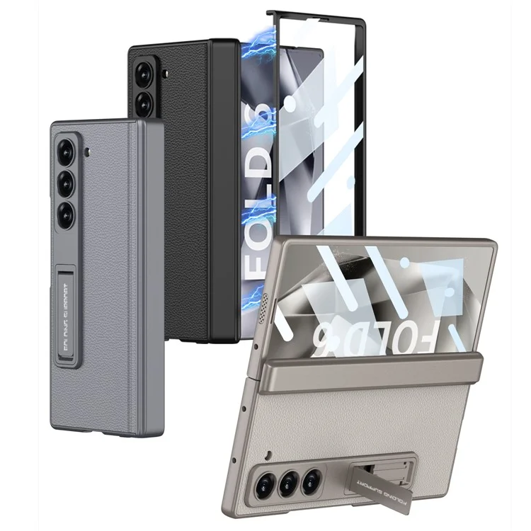 GKK For Samsung Galaxy Z Fold6 5G Case Kickstand PC+PU Phone Cover with Screen Film - Black