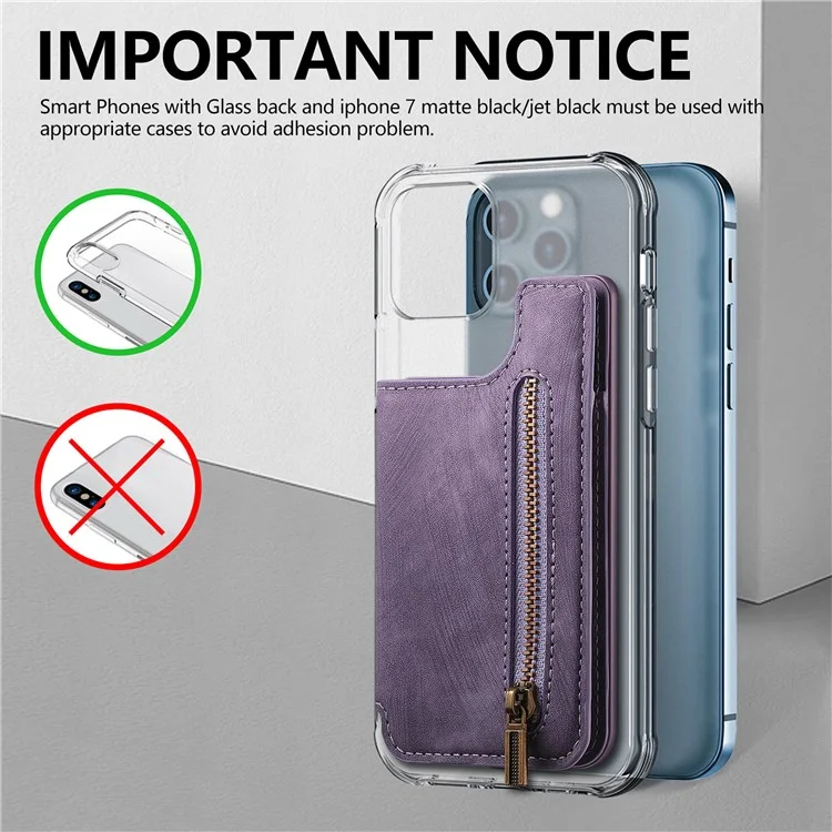 KB-65 Card Stick Stick-On Wallet Retro Leather+TPU Zipper Kickstand Card Saco - Roxo