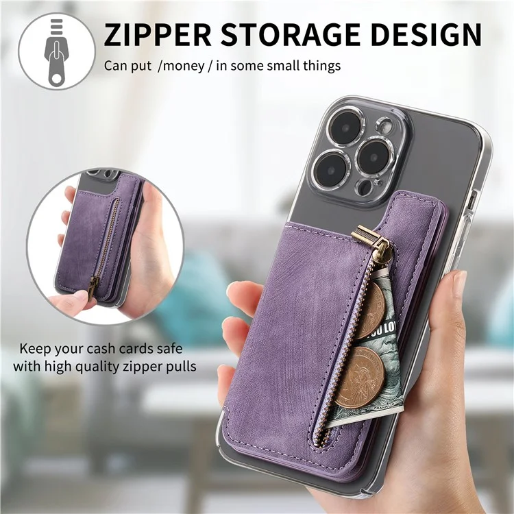 KB-65 Card Stick Stick-On Wallet Retro Leather+TPU Zipper Kickstand Card Saco - Roxo