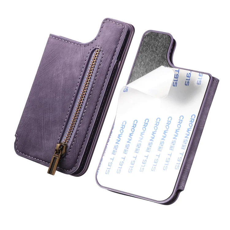 KB-65 Card Stick Stick-On Wallet Retro Leather+TPU Zipper Kickstand Card Saco - Roxo