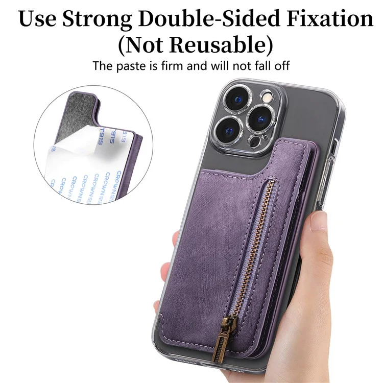 KB-65 Card Stick Stick-On Wallet Retro Leather+TPU Zipper Kickstand Card Saco - Roxo