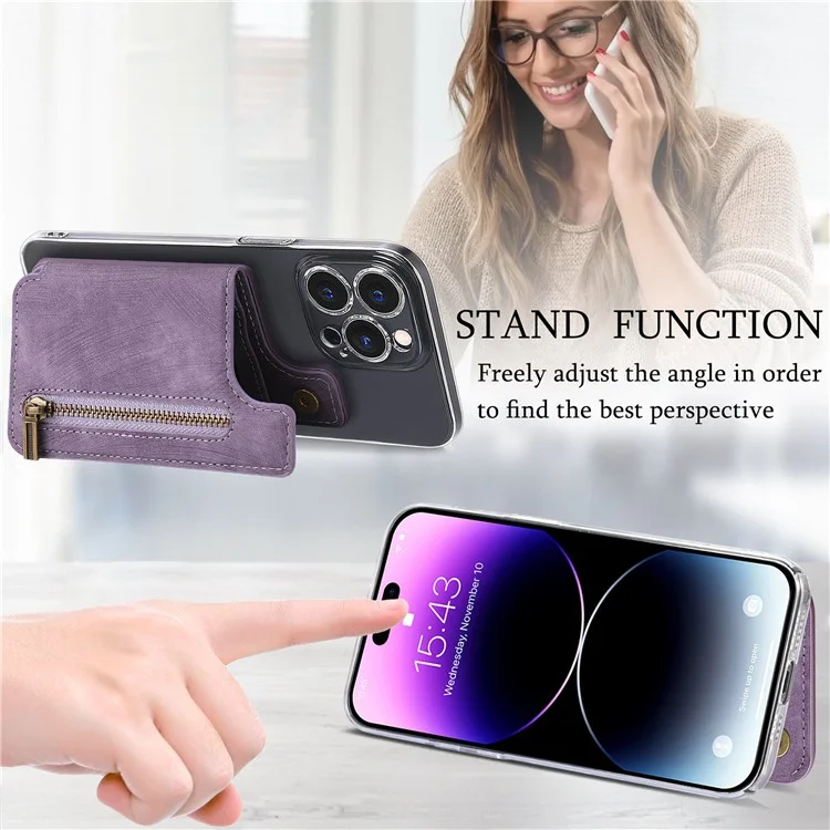 KB-65 Card Stick Stick-On Wallet Retro Leather+TPU Zipper Kickstand Card Saco - Roxo