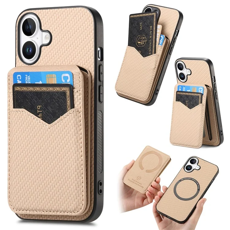 For iPhone 16 Magnetic Case Carbon Fiber Texture Back Cover with Detachable Card Holder - Khaki