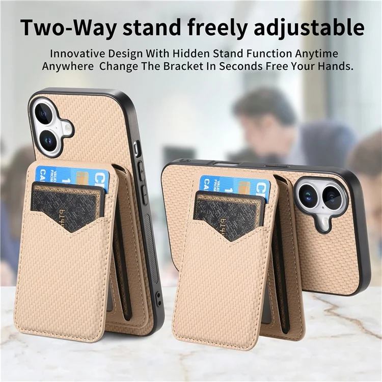 For iPhone 16 Magnetic Case Carbon Fiber Texture Back Cover with Detachable Card Holder - Khaki