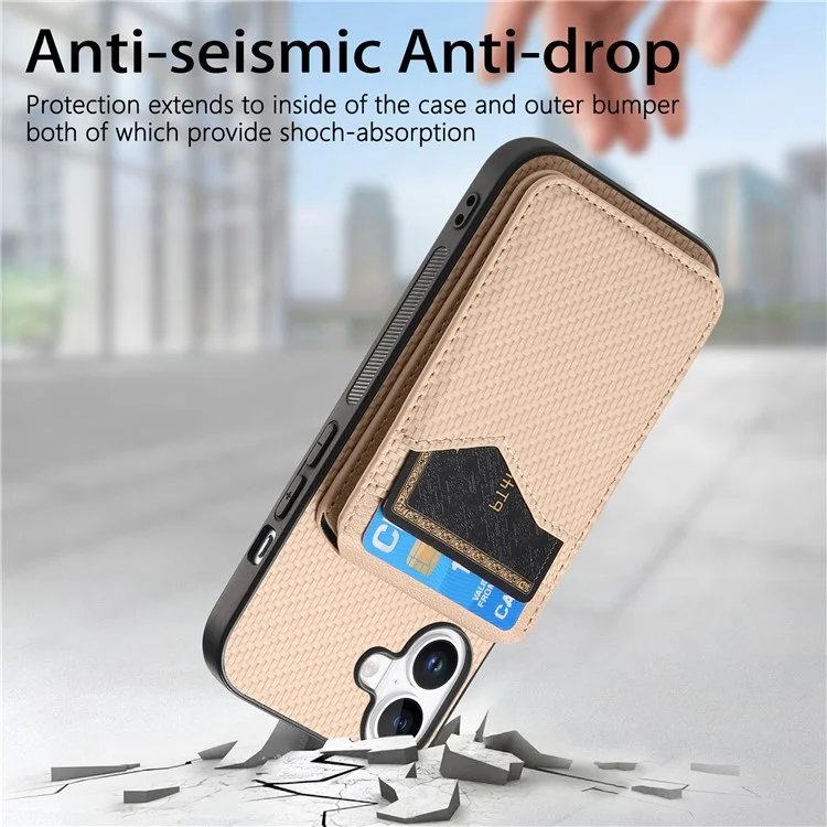 For iPhone 16 Magnetic Case Carbon Fiber Texture Back Cover with Detachable Card Holder - Khaki