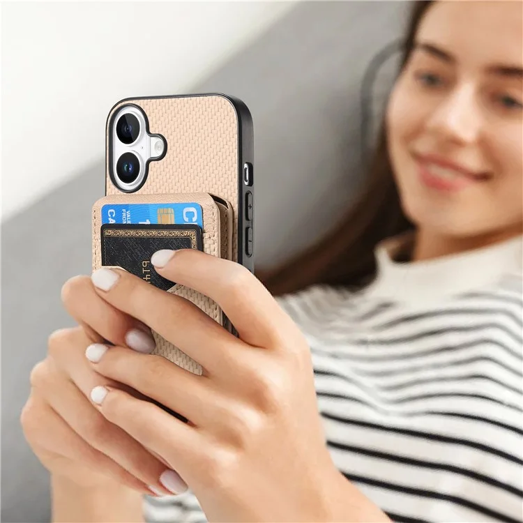 For iPhone 16 Magnetic Case Carbon Fiber Texture Back Cover with Detachable Card Holder - Khaki