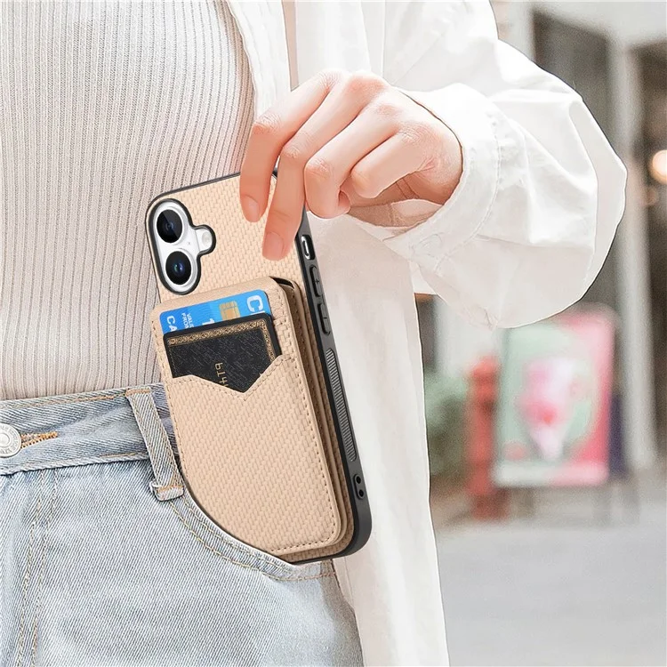 For iPhone 16 Magnetic Case Carbon Fiber Texture Back Cover with Detachable Card Holder - Khaki