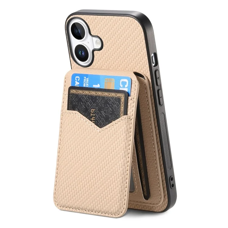 For iPhone 16 Magnetic Case Carbon Fiber Texture Back Cover with Detachable Card Holder - Khaki